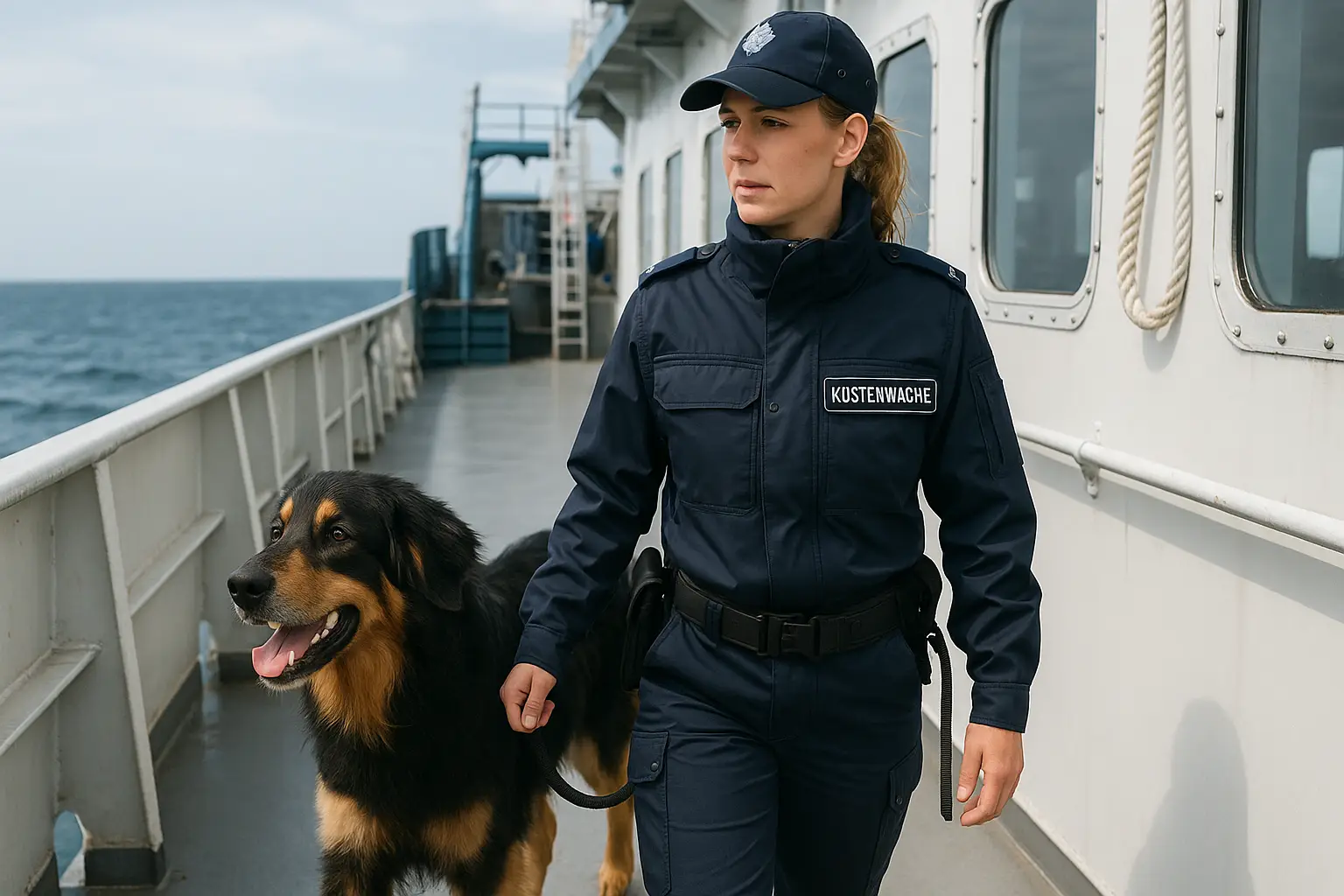 www-k9er-eu-Beamtin-des-Kuestenschutzes-mit-Hovawart-im-Einsatz